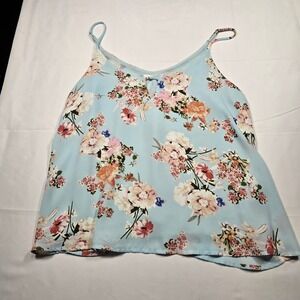 Lush Floral Camisole Top Light Blue Pink V-Neck Keyhole Small Fairy cottagecore